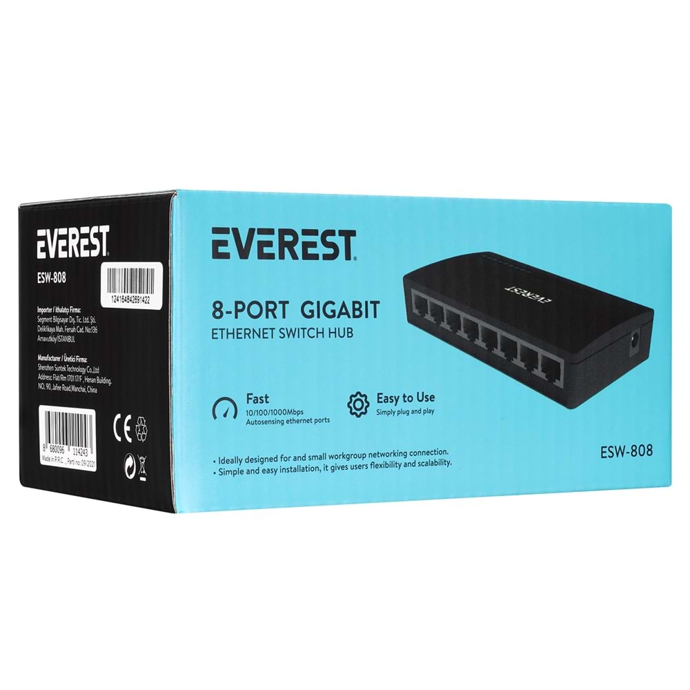 Everest EVERLINK ESW-808 8 Port 10/100/1000Mbps Gigabit Ethernet Masaüstü Ethernet Switch Hub