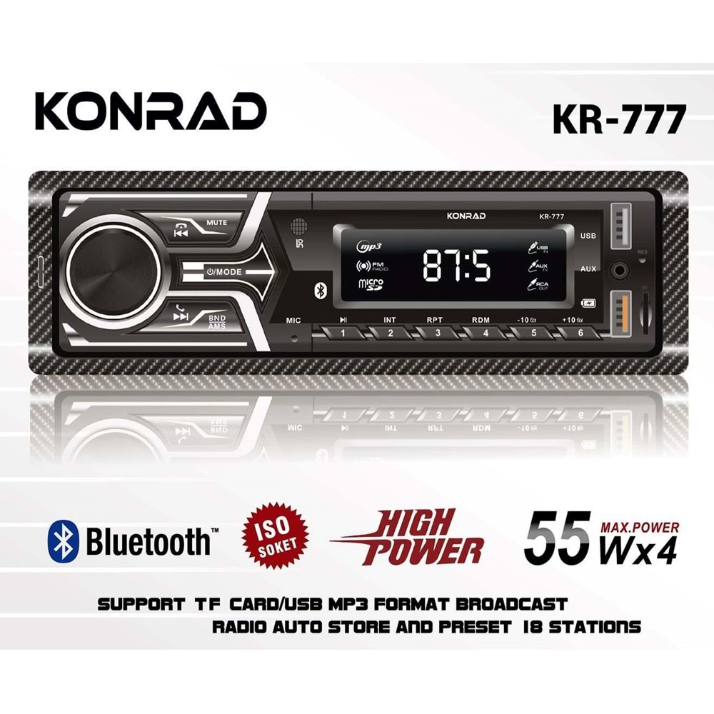 Konrad KR-777 4x50 Watt Çift USB/SD/FM Bluetooth Oto Teyp