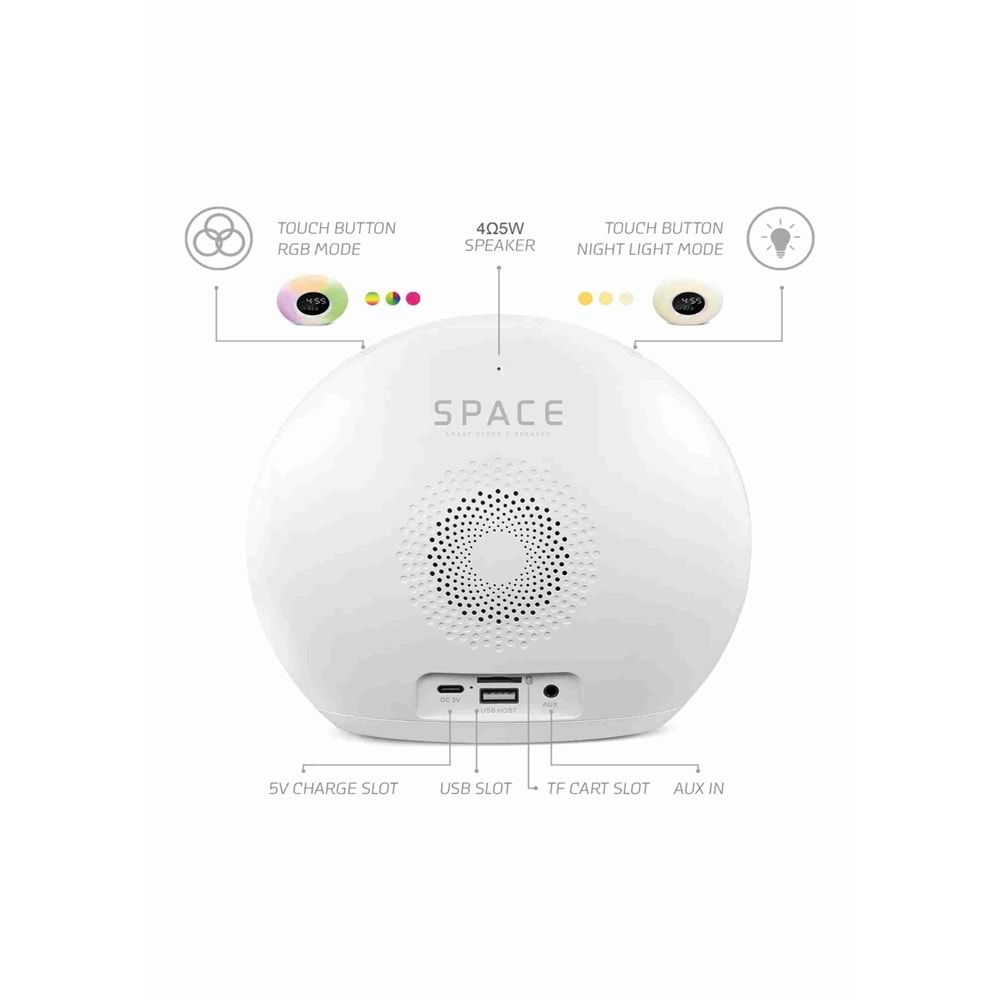 Powerway SPACE Saat Alarm Usb Aux Müzik Çalar Radyo Gece Lambası Taşınabilir Space Bluetooth Hoparlör
