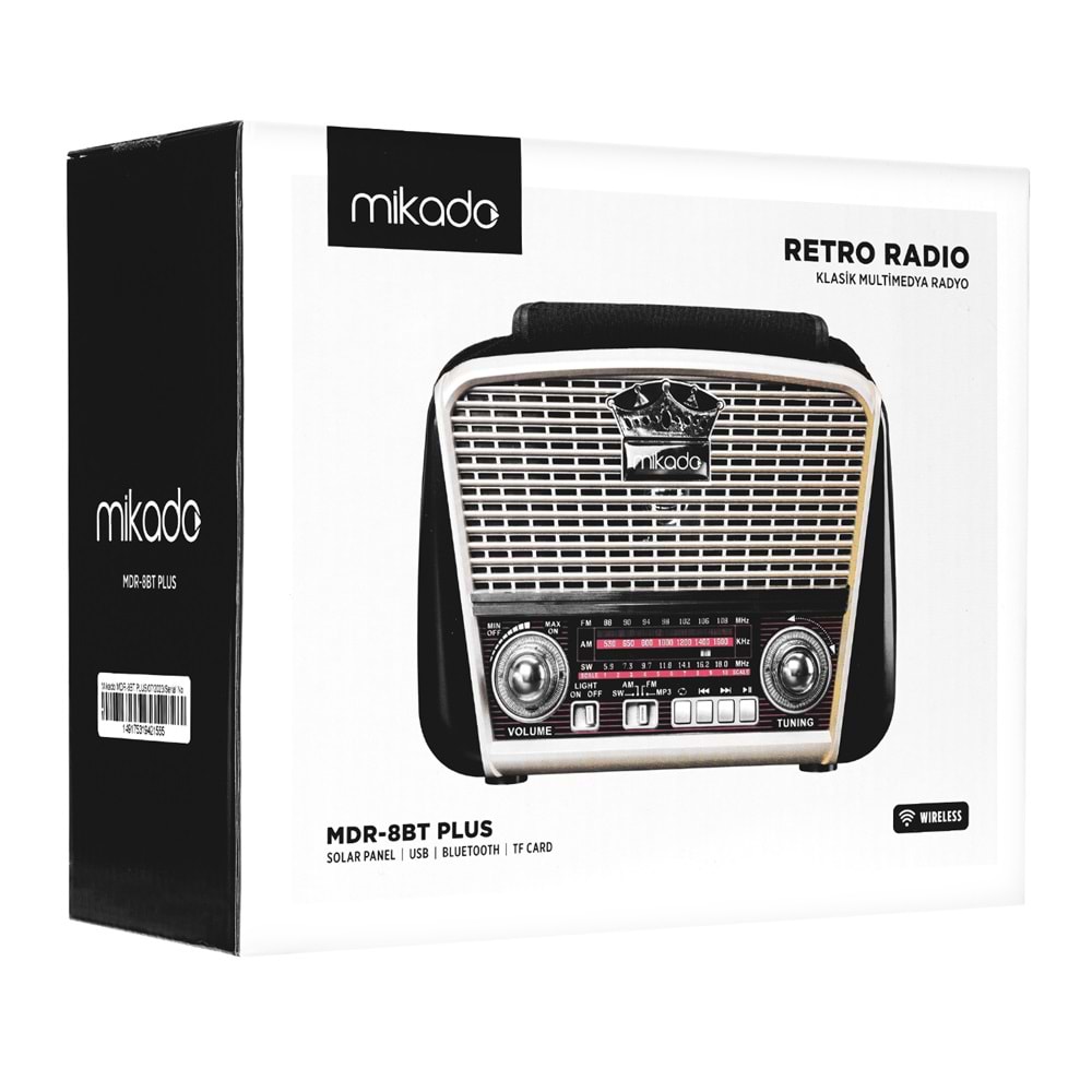 Mikado MDR-8BT PLUS Siyah/Altın Klasik Radyo Solar Panelli Usb-TF Destekli Bluetooth