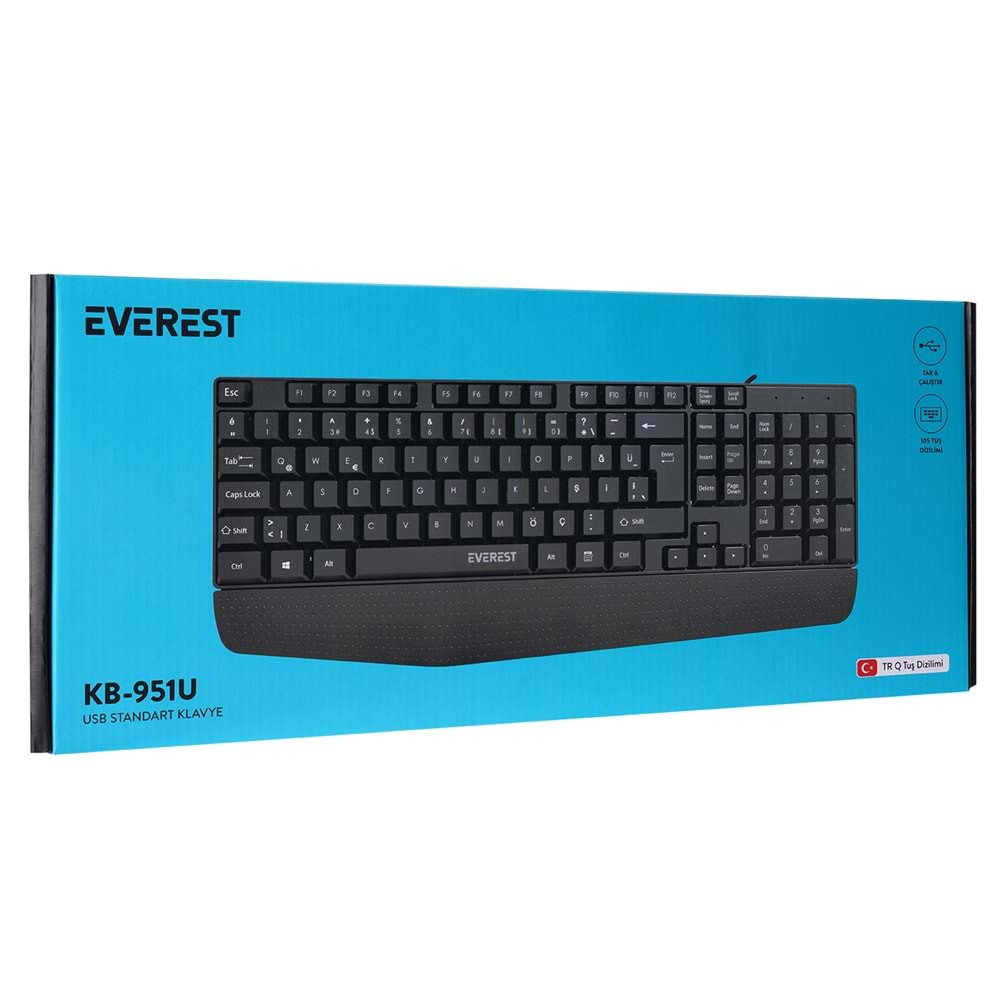 Everest KB-951U Siyah USB Bilek Destekli Q Standart Ofis Klavye