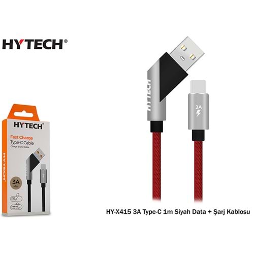 Hytech HY-X415 3A Type-C 1mt Siyah/Kırmızı Data + Şarj Kablosu