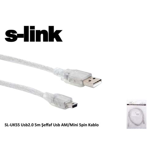 S-link SL-UK55 Usb2.0 5m Şeffaf Usb AM/Mini 5pin Kablo