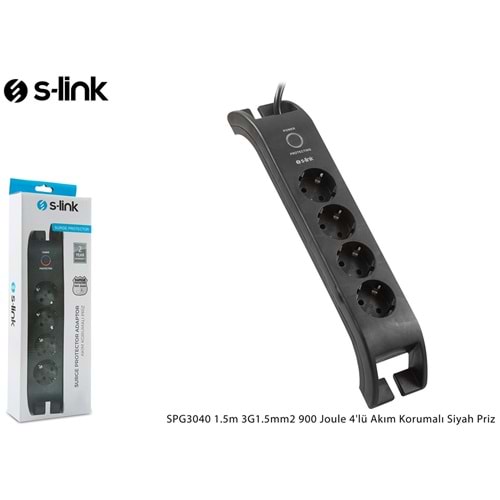 S-link SPG3040 2mt 3G1.5mm2 900 Joule 4lü Akım Korumalı Siyah Priz