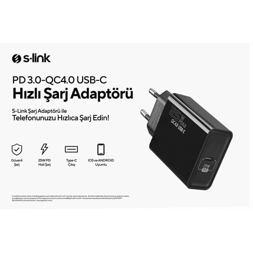 S-link SL-EC66 25W PD3.0 Super fast Charge QC4.0 Type USB-C Hızlı Ev Şarj Adaptörü