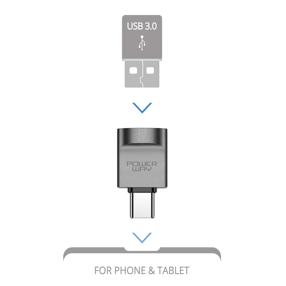 Powerway XO20 3,0 Gümüş USB F to Type C M Metal Gövdeli OTG Çevirici