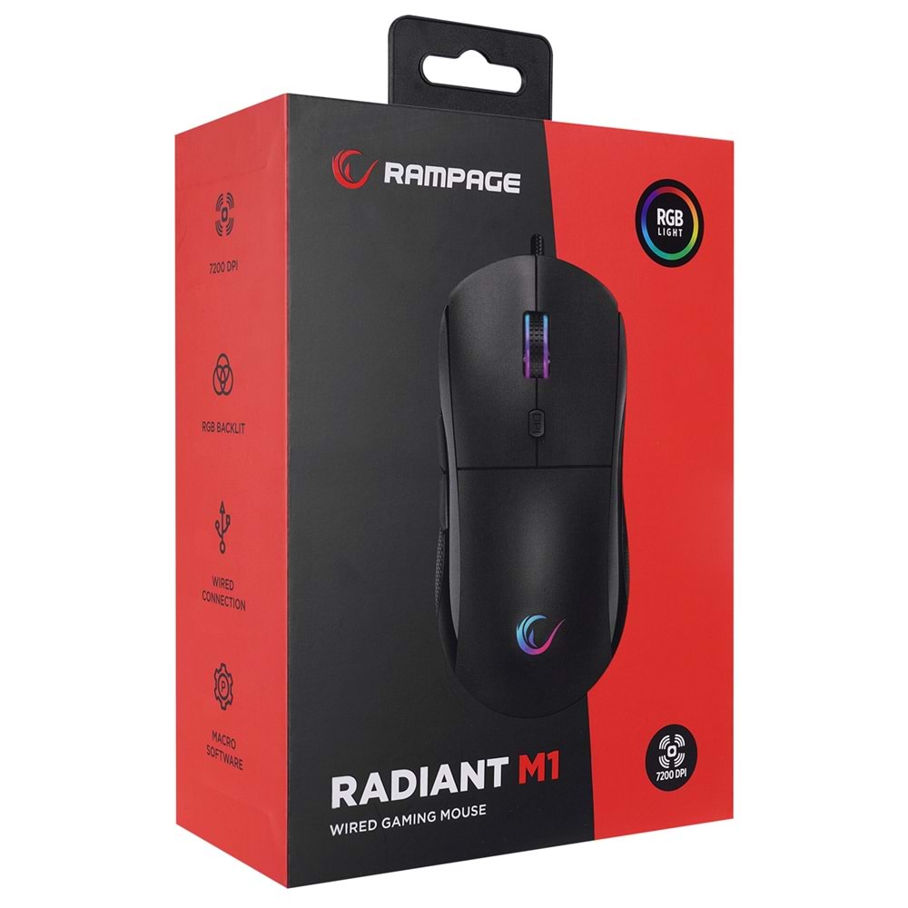 Rampage RADIANT M1 Makrolu Siyah 7200 dpi RGB Aydınlatmalı Gaming Oyuncu Mouse