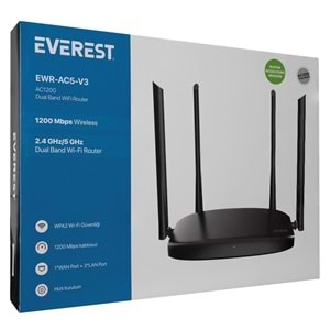 Everest EWR-AC5-V3 AC1200Mbps DualBand 4*6dBi Anten WISP+AP+Repeater Destekli Kablosuz Wifi Router