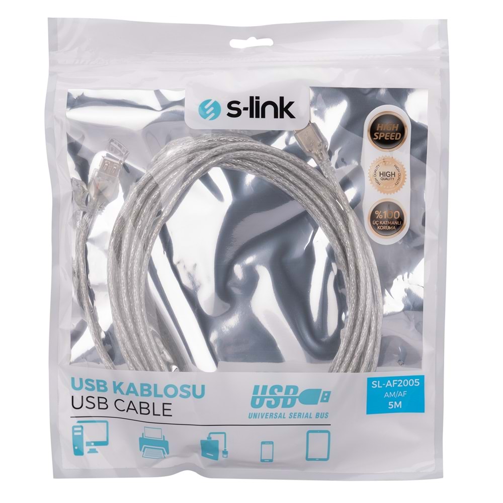 S-link SL-AF2005 Usb2.0 5m Şeffaf Uzatma Kablo