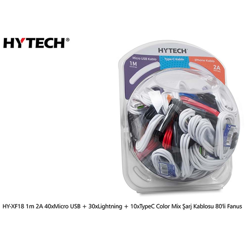 Hytech HY-XF18 1m 2A 40xMicro USB + 30xLightning + 10xTypeC Karışık Renk şarj kablosu 80li Fanus