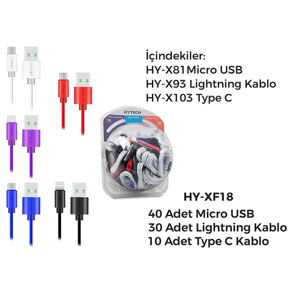 Hytech HY-XF18 1m 2A 40xMicro USB + 30xLightning + 10xTypeC Karışık Renk şarj kablosu 80li Fanus