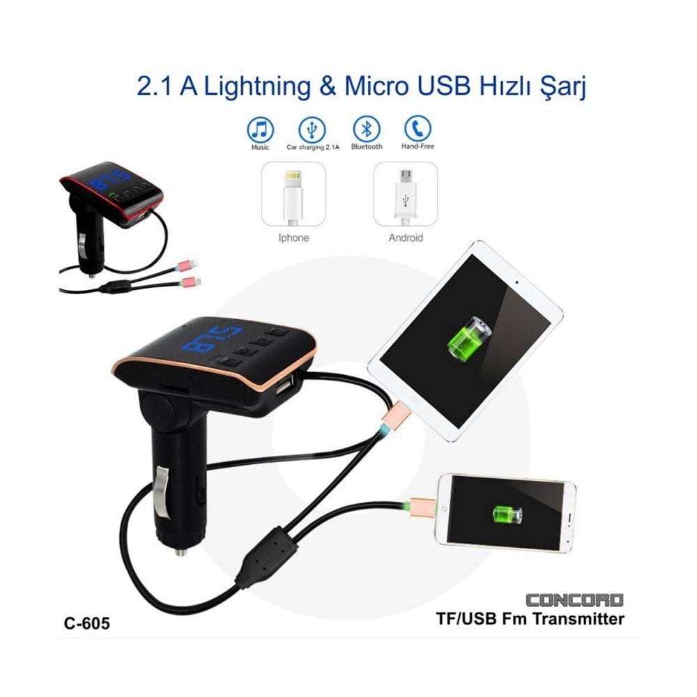 Concord C-605 2.1A Çift Usb/Tf Bluetooth FM Transmitter
