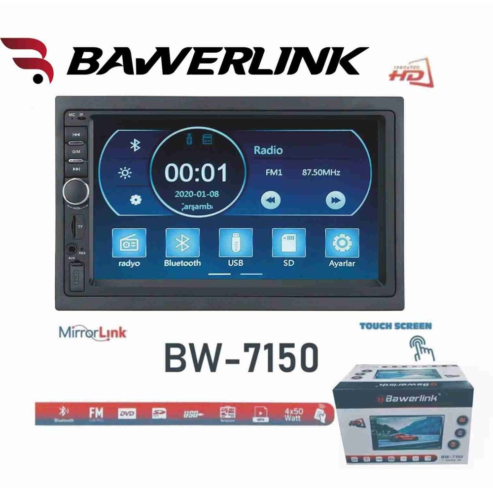 Bawerlink BW-7150 7 İnç Usb/Sd/Bt Double Dın Oto Teyp (kamera hediyeli)