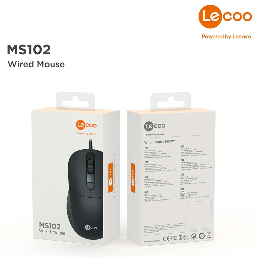 Lenovo Lecoo MS102 800/1200/1600 DPI 4 Tuşlu USB Kablolu Optik Mouse