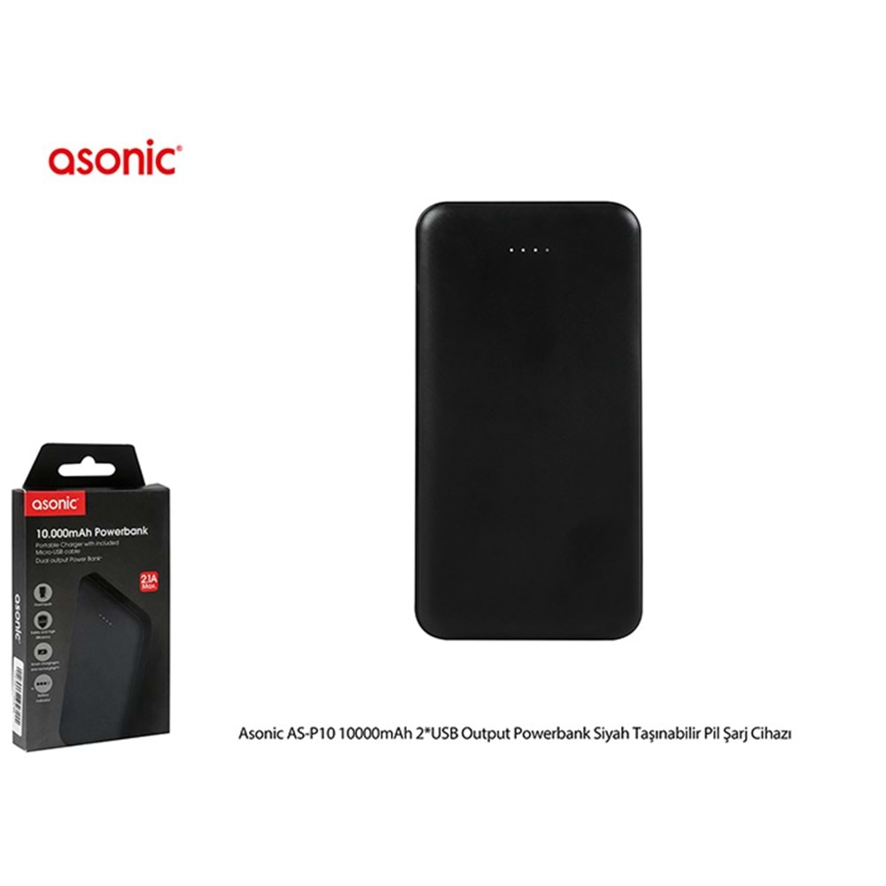 Asonic AS-P10 10000mAh 2*USB Output Powerbank Siyah Taşınabilir Pil Şarj Cihazı