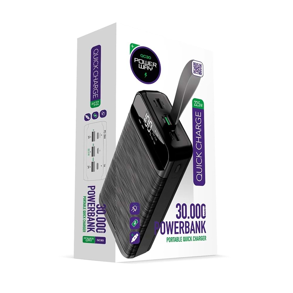 Powerway QC30 30000 Amper Pd 22.5W Powerbank Pil Şarj Cihazı Siyah