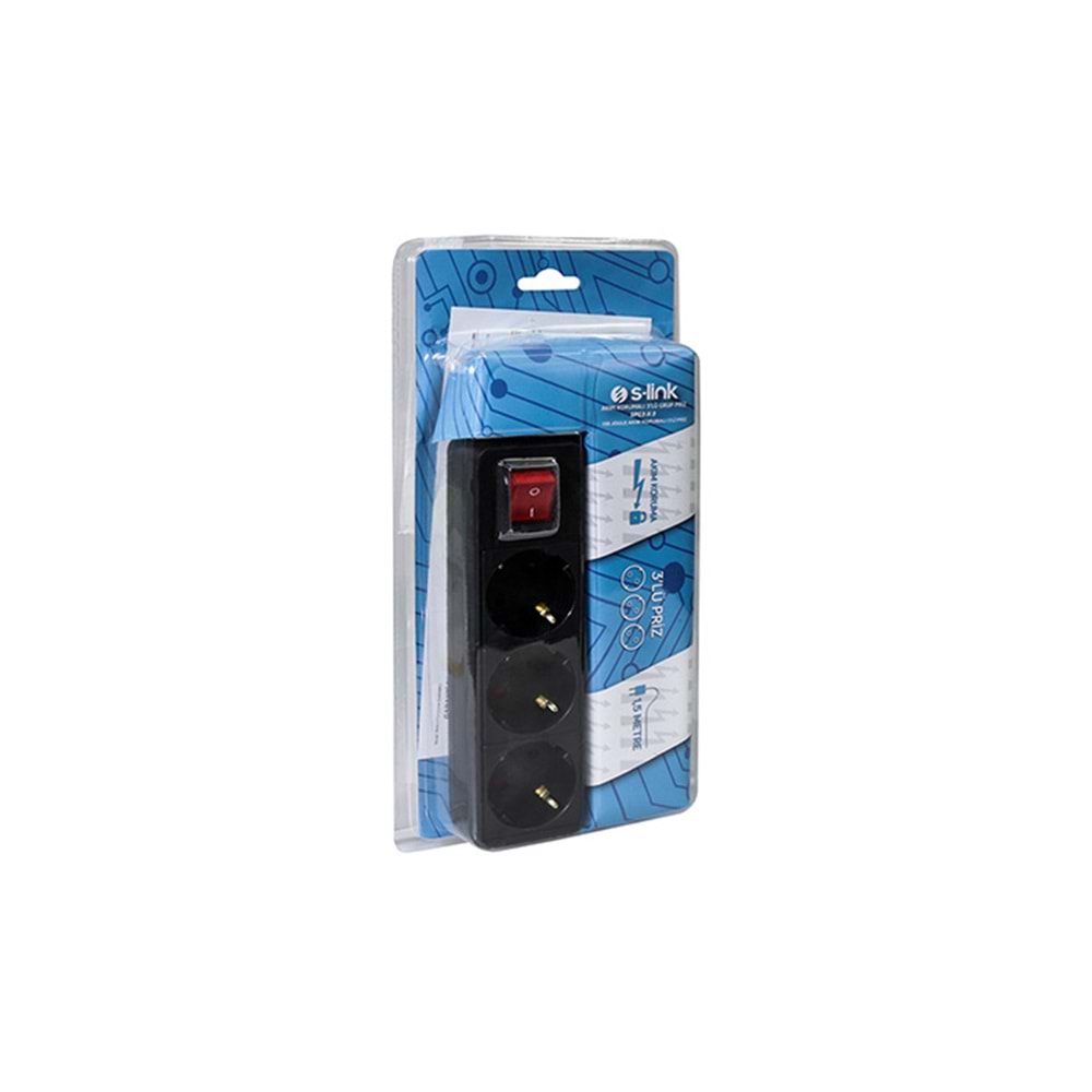 S-link SPG3-X-3 1.5m 3Lü Akım Kor.Kutu Siyah Priz