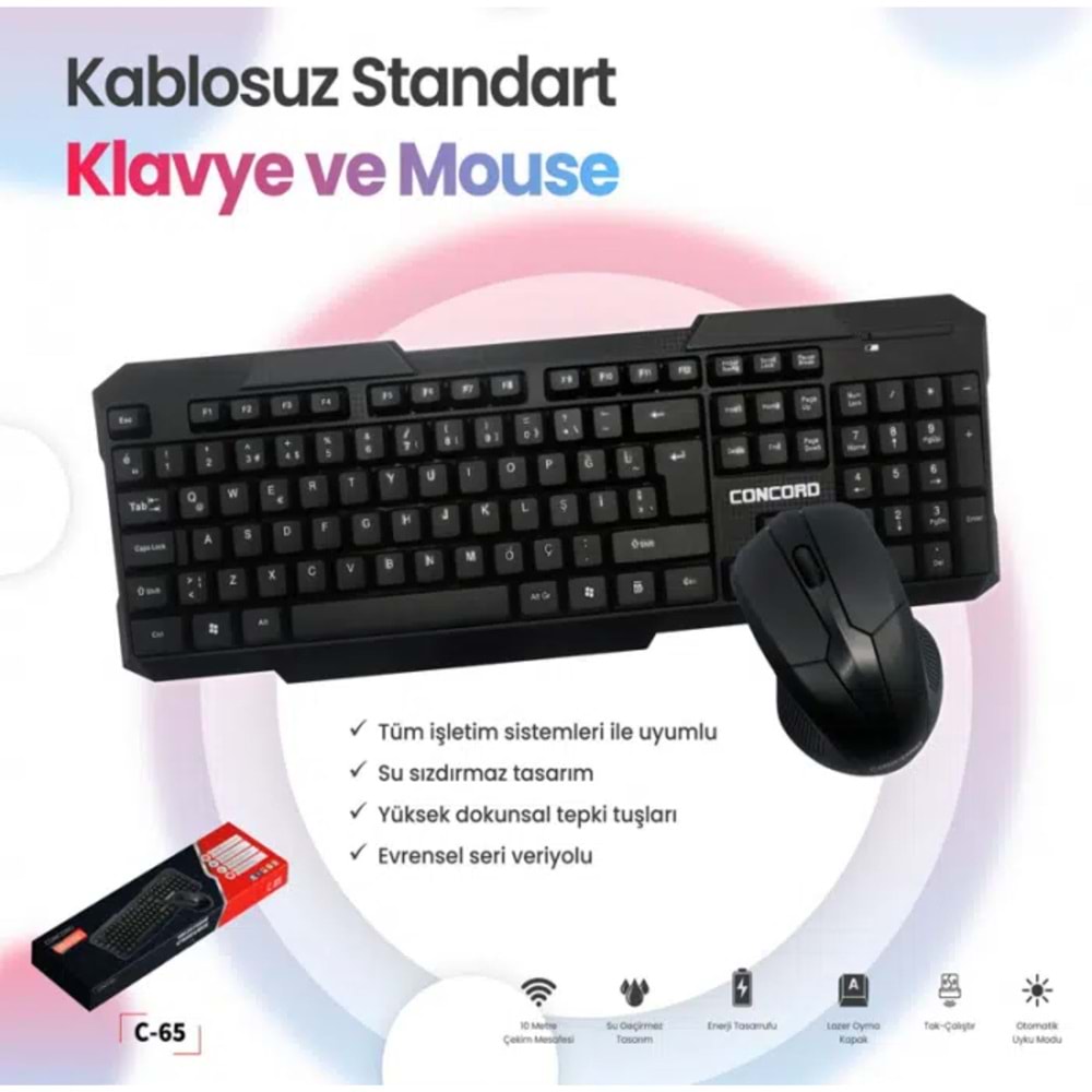 Concord C-65 Wireless Kablosuz Standart Klavye + Mouse Set
