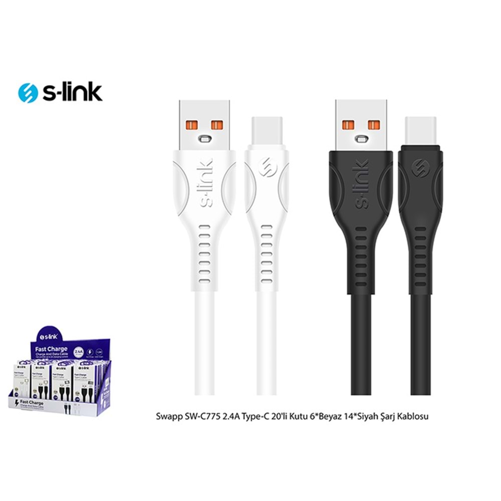 S-link Swapp SW-C775 2.4A Type-C Beyaz Siyah Şarj Kablosu