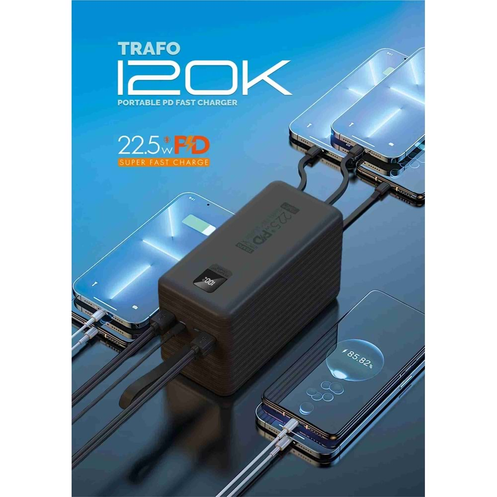 Powerway TRAFO120 120.000 Mah PD 22.5W Hızlı Şarj Dahili Kablolu Gerçek 120.000 Mah Trafo Siyah Powerbank