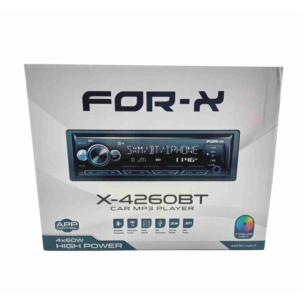 For-X X-4260BT 4x60w USB/AUX/SD/FM Bluetooth 7 Renk Oto Teyp