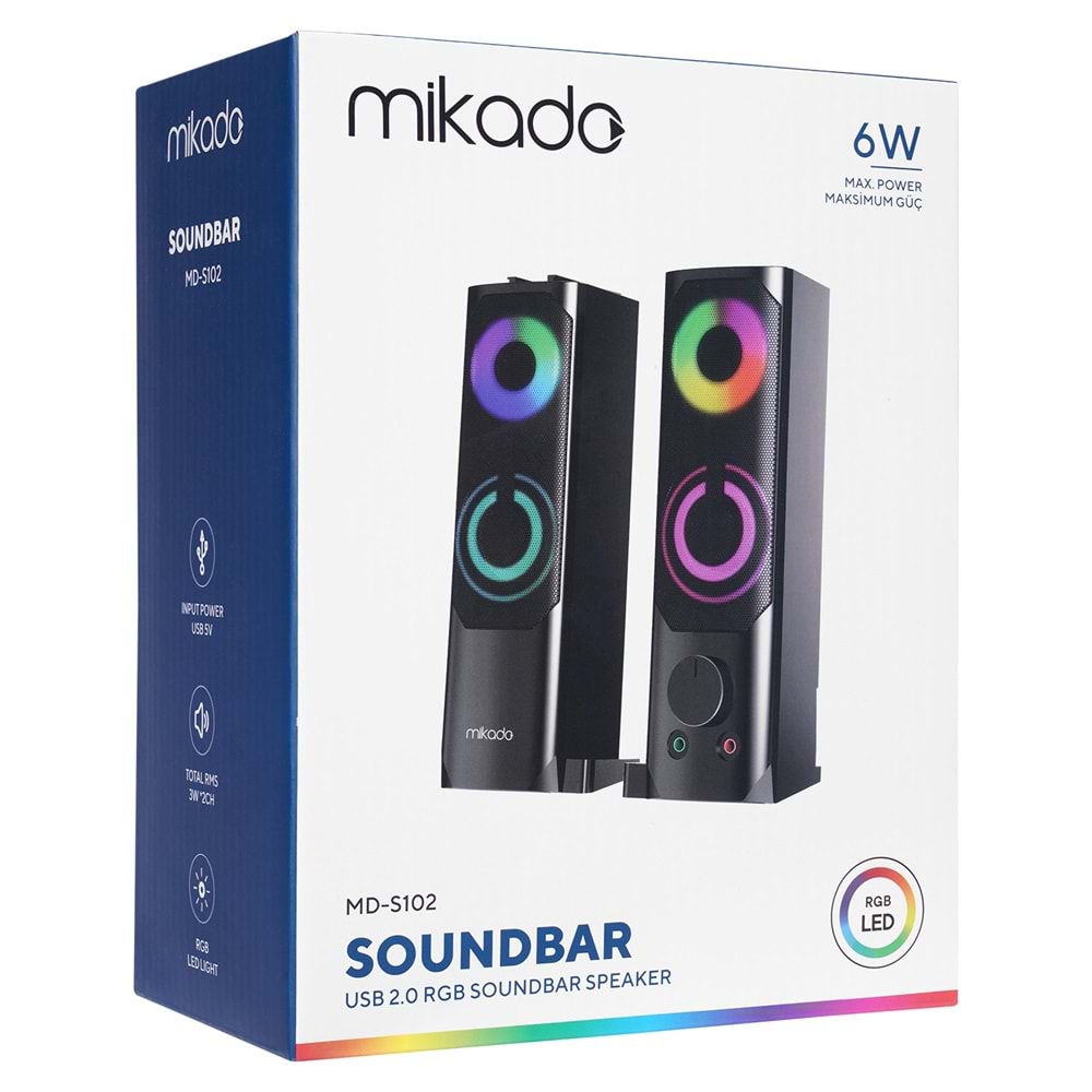 Mikado MD-S102 2.0 3Wx2CH RGB Ledli Siyah USB Sound Bar Speaker Hoparlör
