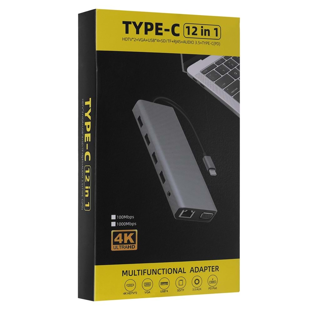 Hytech HY-USBC32 4K*2K Ultra HD Gri Metal 5x USB 2.0/USB 3.0 100M RJ45 PD Type-C Data SD/TF Kart Okuyucu Adaptör