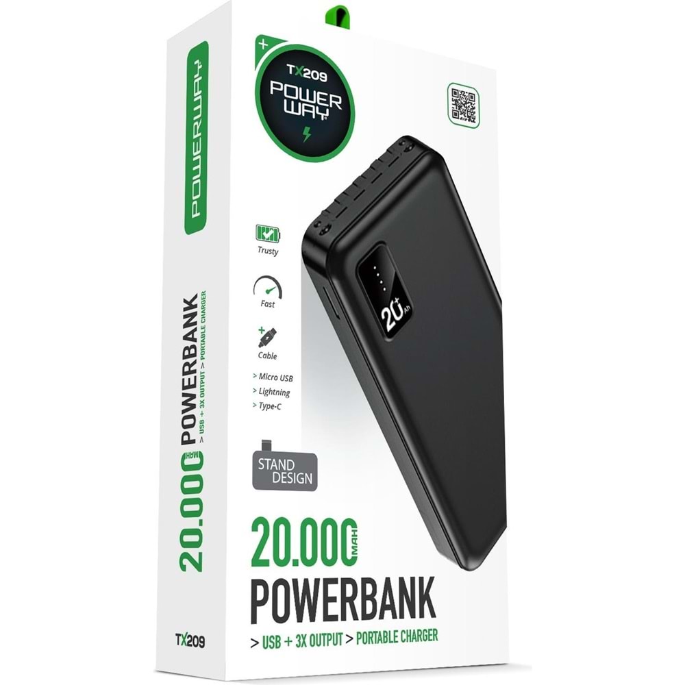 Powerway TX209 20.000 Mah Kablolu Dijital Göstergeli Powerbank Pil Şarj Cihazı