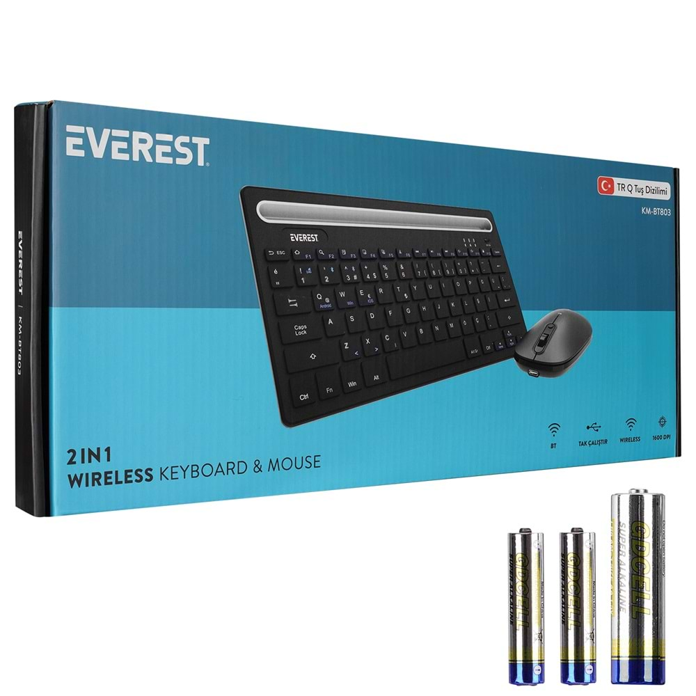 Everest KM-BT803 Siyah 3 in 1 BT 5.0+3.0+2.4Ghz 1600dpi Q Multimedia Kablosuz Klavye + Mouse Set