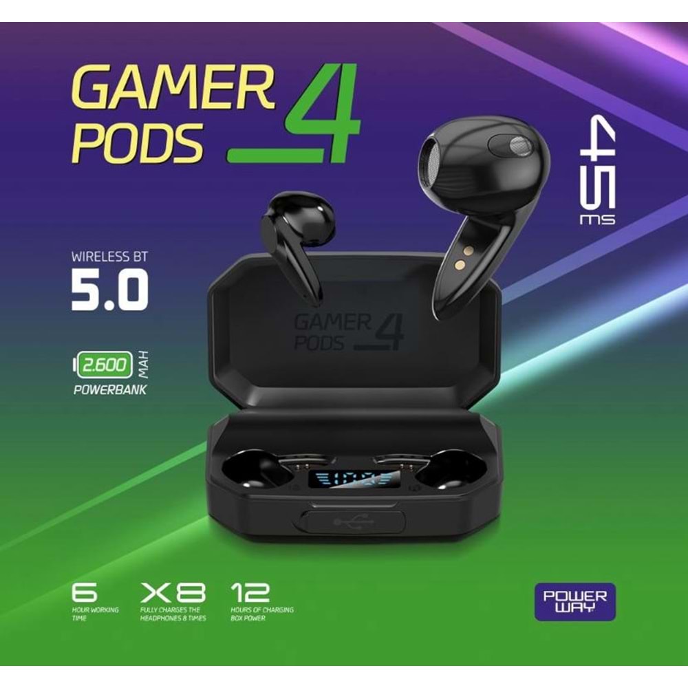 Powerway 45MS Gamer Pods4 Bluetooth 5.3 BT 2600 mAH Kulak İçi Oyuncu Kulaklığı
