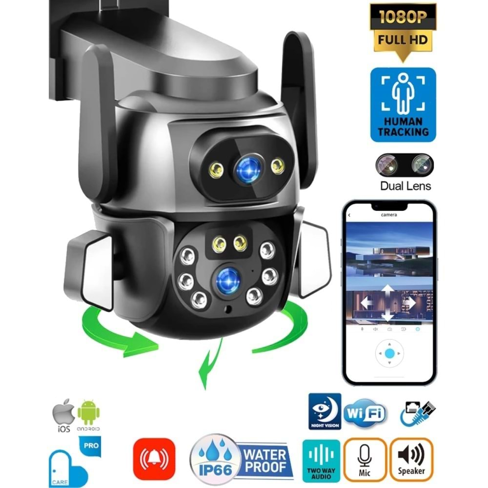 Mpia HİNA Çift Kamera 3+3MP İP Wifi Full HD Suya Dayanıklı 10 Led Gece Görüşlü 2 Antanli Hareketli Kamera