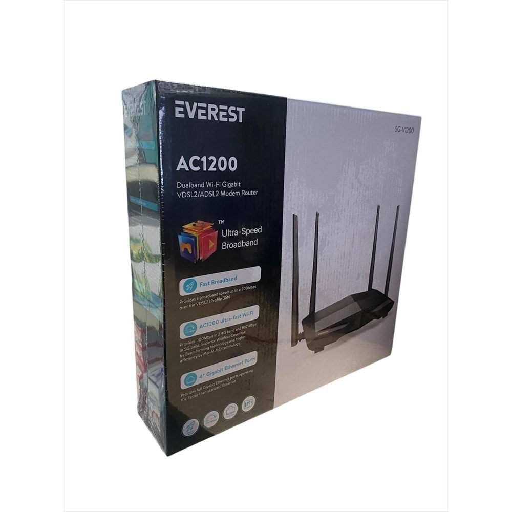 Everest SG-V1200 AC1200 Dualband Wi-Fi Gigabit VDSL2/ADSL2 4X5dbi Anten Kablosuz Modem Router