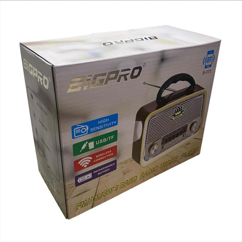 Bigpro B-003 Nostaljik Bluetoothlu Müzik Kutusu 3 Band Radyo Usb/Sd/Mp3 Player