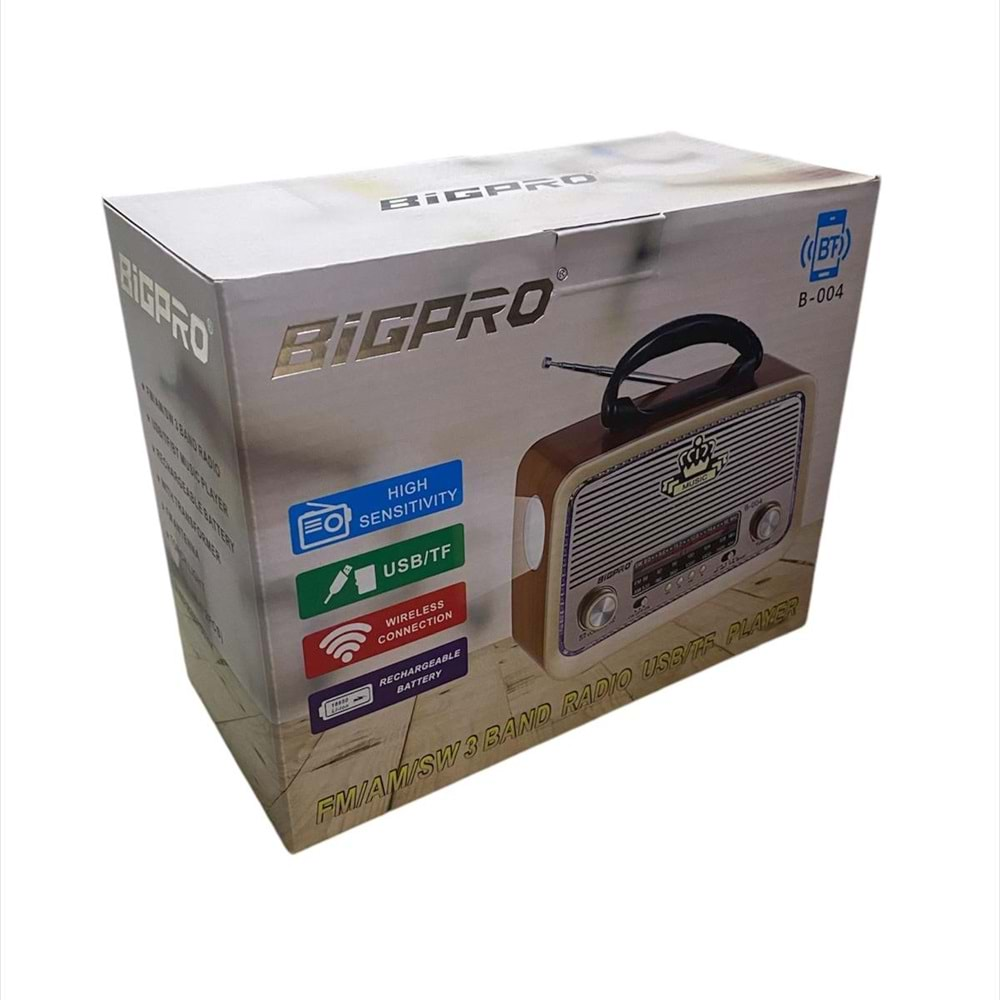 Bigpro B-004 Nostaljik Bluetoothlu Müzik Kutusu 3 Band Radyo Usb/Sd/Mp3 Player