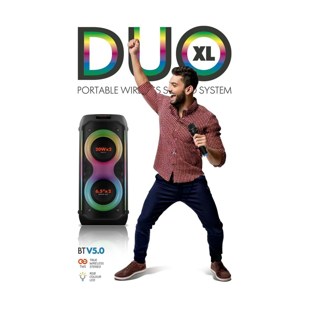 Powerway DUO XL Taşınabilir Mikrofonlu 20x2 W Karaoke Ses Kayıt Bluetooth Hoparlör Led Işıklı