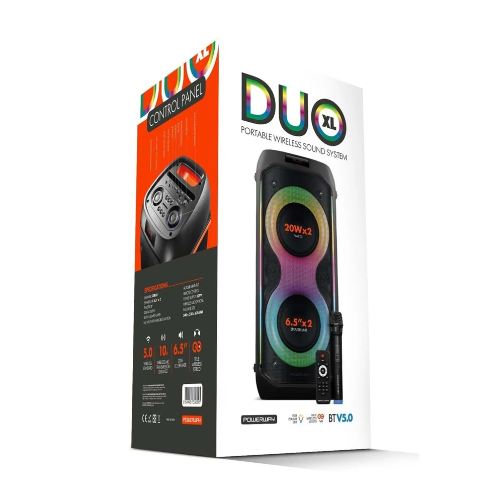 Powerway DUO XL Taşınabilir Mikrofonlu 20x2 W Karaoke Ses Kayıt Bluetooth Hoparlör Led Işıklı