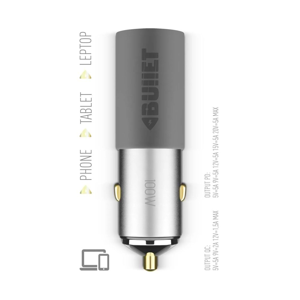 Powerway BULLET 100W Araç Çakmaklık Şarj Cihazı Type-C ve Usb Çıkışlı Profesyonel Turbo Hızlı Şarj