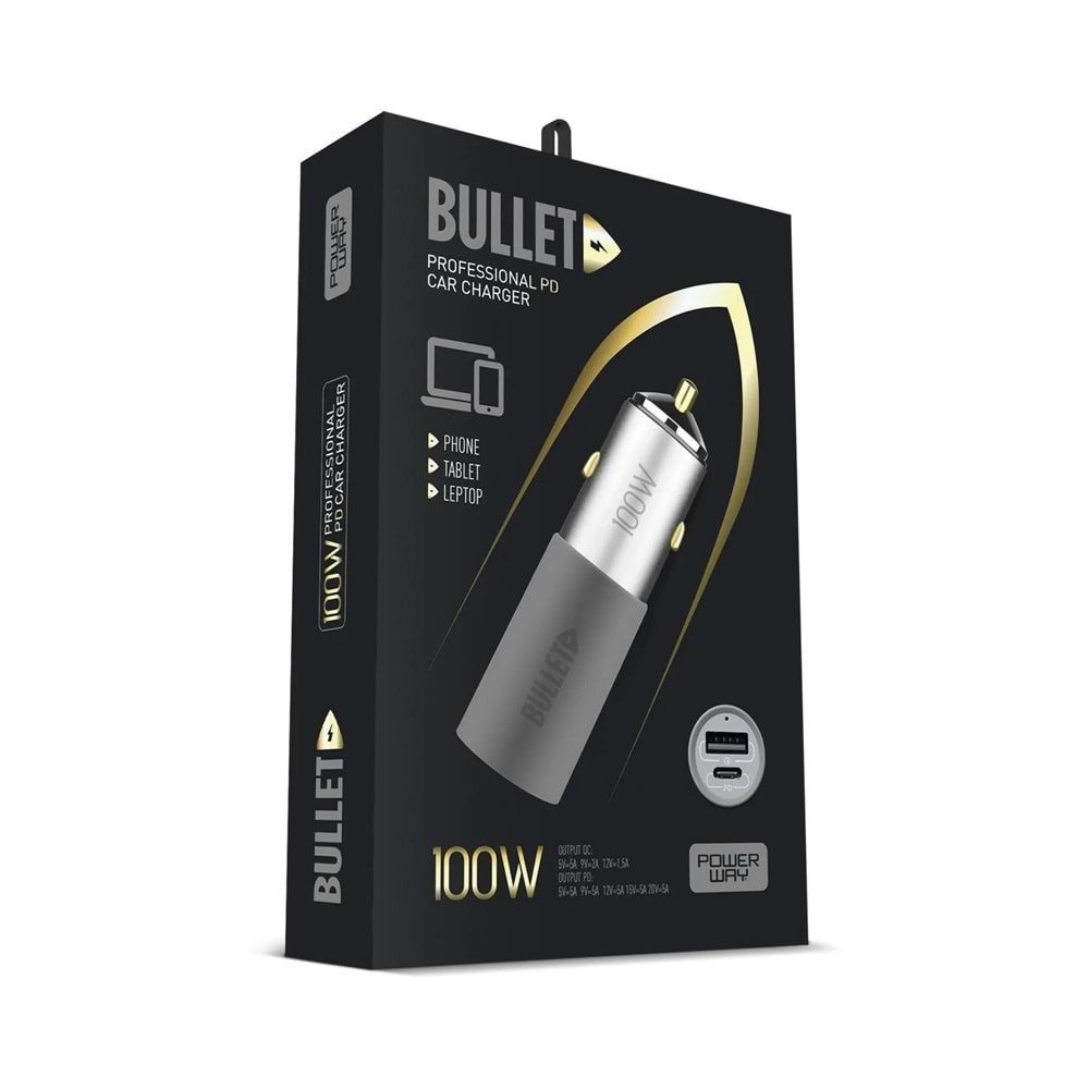 Powerway BULLET 100W Araç Çakmaklık Şarj Cihazı Type-C ve Usb Çıkışlı Profesyonel Turbo Hızlı Şarj