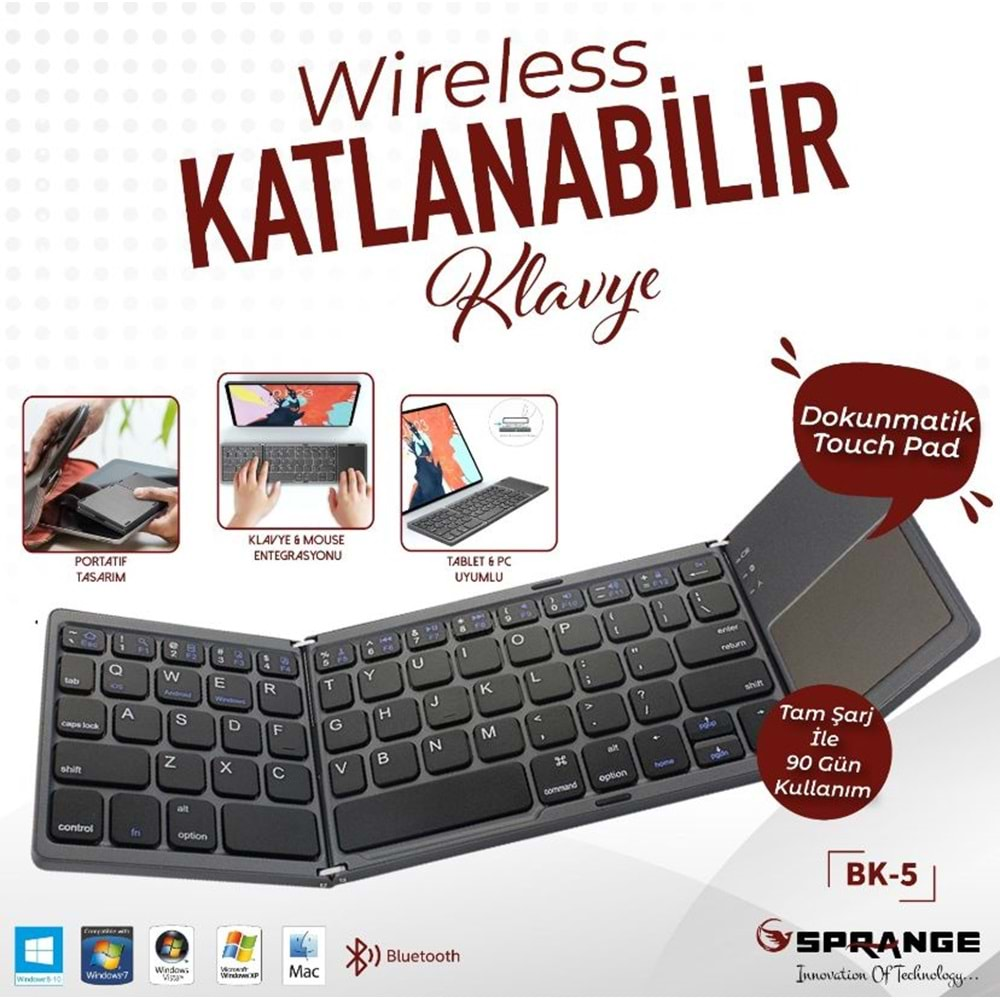 Sprange BK-5 Uyumlu Kablosuz Bluetooth TouchPad'li Şarj Edilebilir Katlanabili