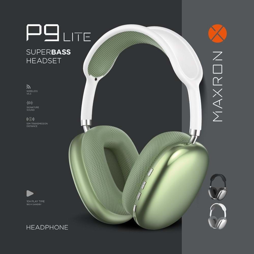Maxron P9 Lite Beyaz Bluetooth 5.3 Kulak Üstü Kulaklık 10 Saat Müzik Micro Sd Type-C Şarj