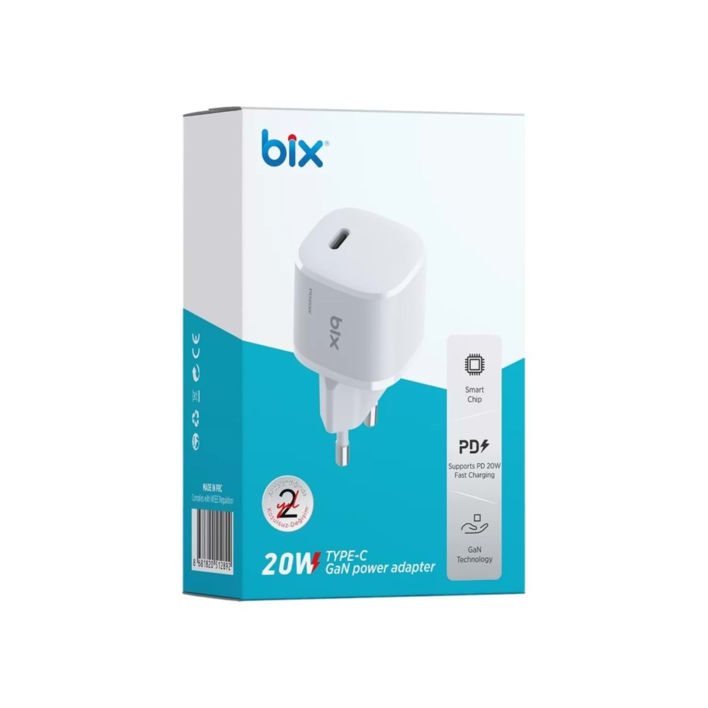 Bix BX21G GaN 20W Type-C PD Akıllı Çip Mini Hızlı Şarj Cihazı Beyaz/Siyah