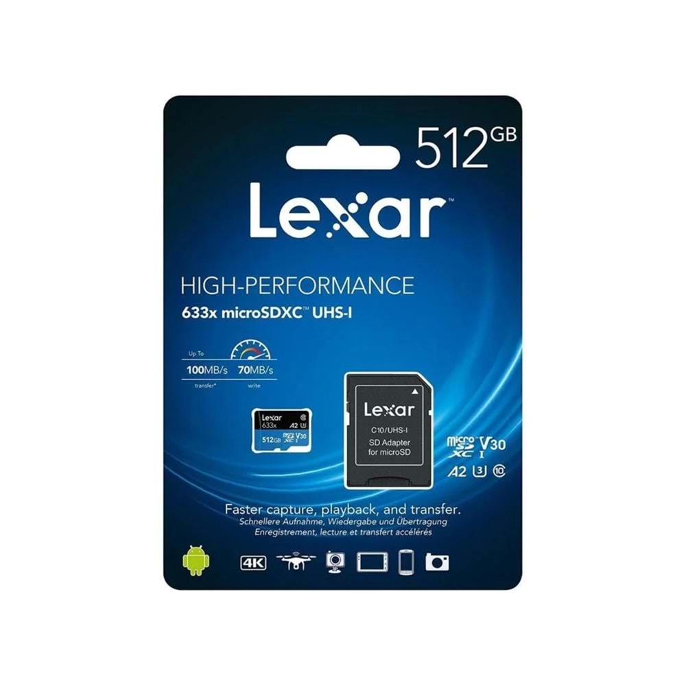 Lexar High Performance 512 GB 633X Adaptörlü Hafıza Kartı (100MB/S-70MB/S)