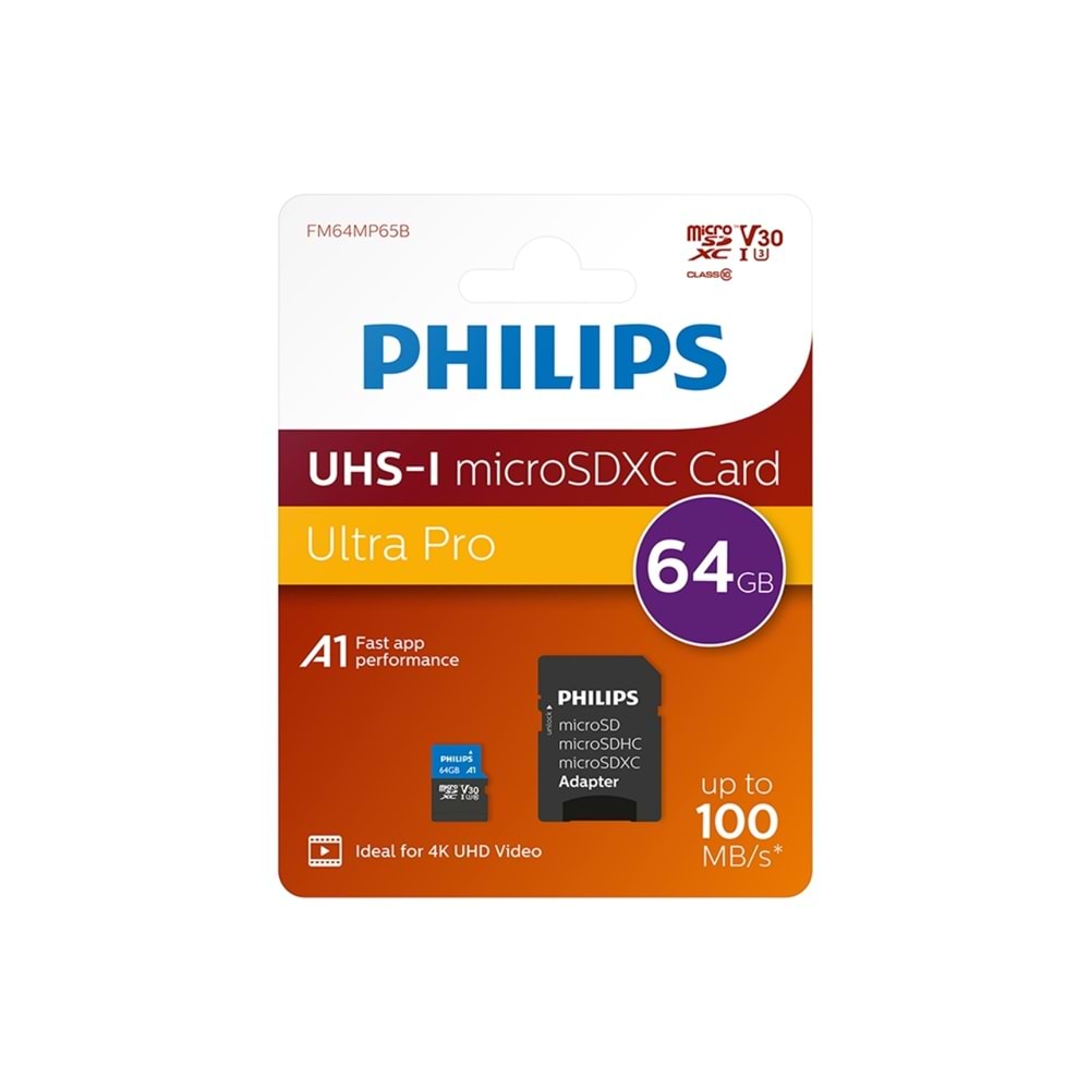 Philips Micro SDXC Card 64 Gb Class 10, UHS-I U3 Adapter, 4K FM64MP65B