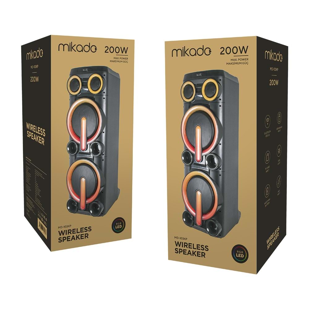 Mikado MD-103KP 200W 12V 14000mAh Bataryalı Siyah 1 UHF UV Mikrofonlu USB/BT/TF/TWS/AUX RGB 220V Kablolu Gitar Girişli P