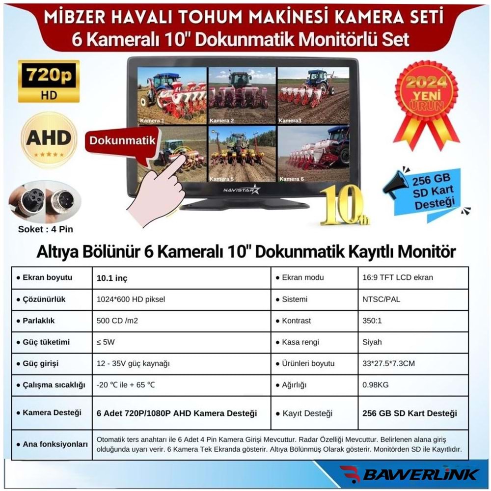 Bawerlink Mibzer Için 6 Kameralı 10 Inç Monitör Altıya Bölen