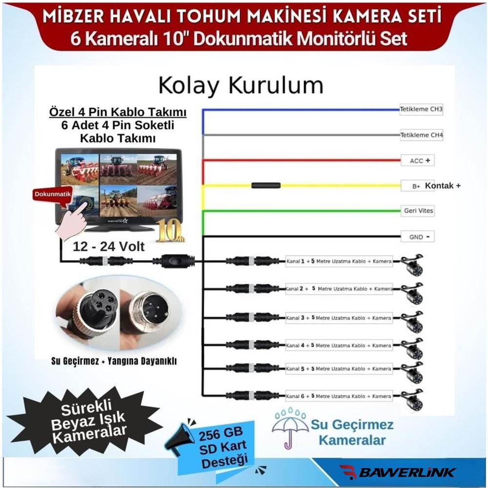 Bawerlink Mibzer Için 6 Kameralı 10 Inç Monitör Altıya Bölen