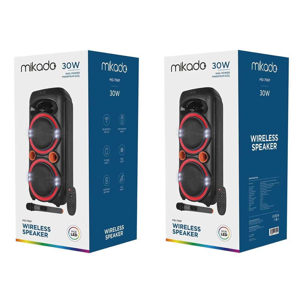 Mikado MD-79KP 30W Işıklı Siyah 1 UHF UV Mikrofonlu USB/BT/TF/TWS/AUX 2 Mik Girişli Type-C Şarjlı Toplantı-Parti Hoparlör