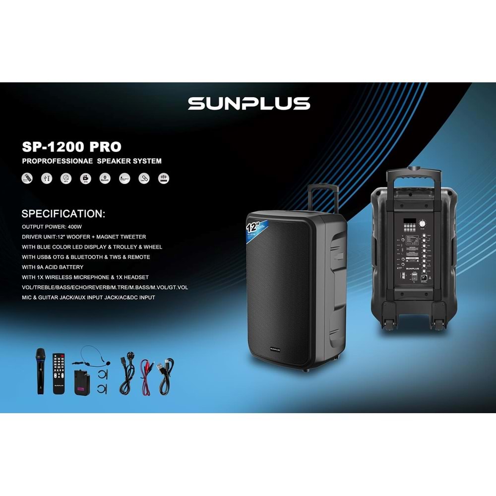 Sunplus SP-1200PRO Profesyonel taşınabilir anfi hoparlör