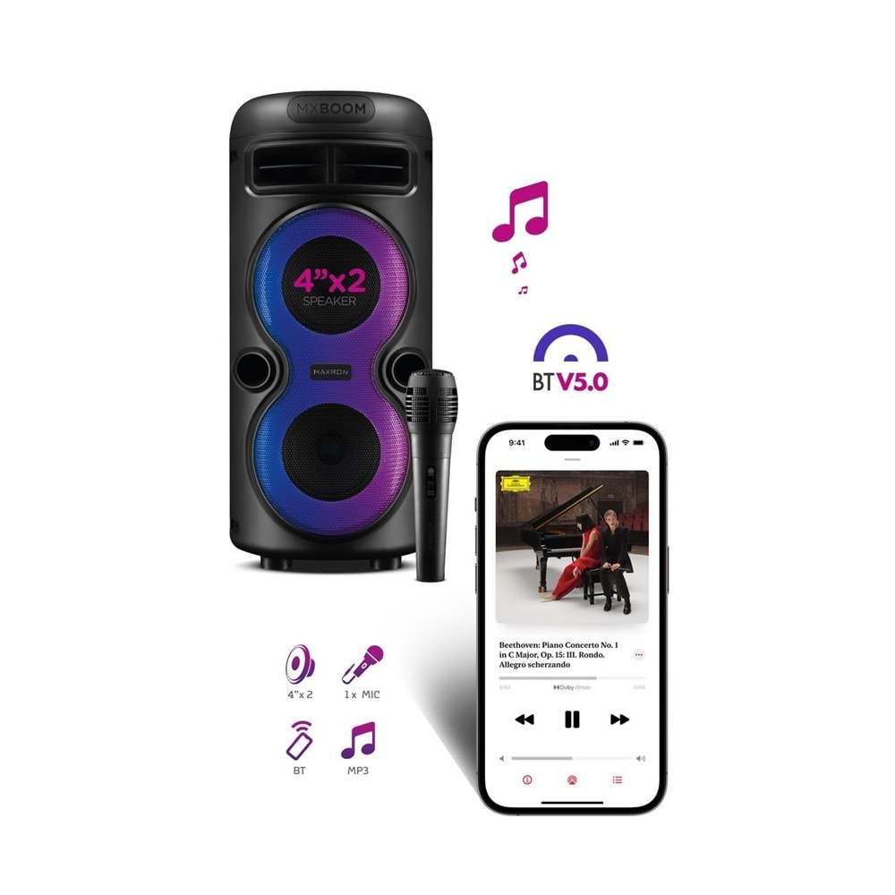 Maxron MXBoom Karaoke Mikrofonlu Bluetooth Hoparlör Parti Led Işıklı Ses Sistemi