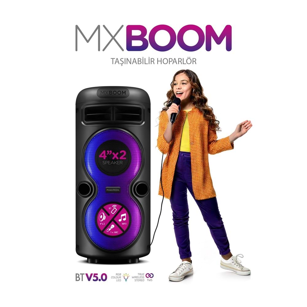 Maxron MXBoom Karaoke Mikrofonlu Bluetooth Hoparlör Parti Led Işıklı Ses Sistemi